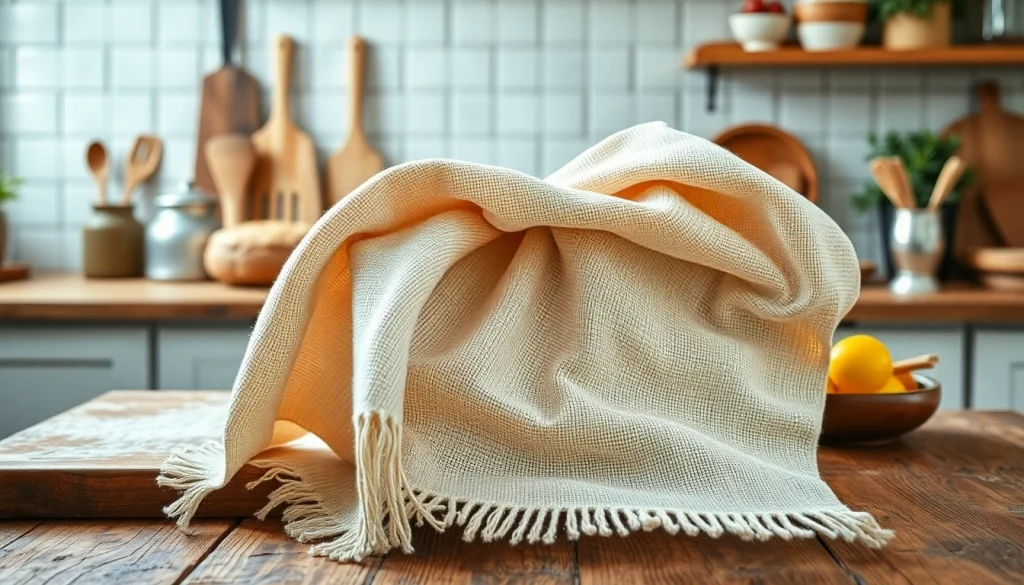 Kaasdoek op een houten tafel, prachtig gedrapeerd met een natuurlijke uitstraling en textuur.