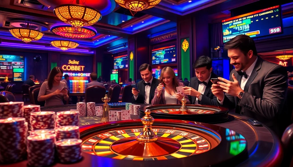 Sbobet sports betting scene with players at a luxury casino table, showcasing excitement and elegance.