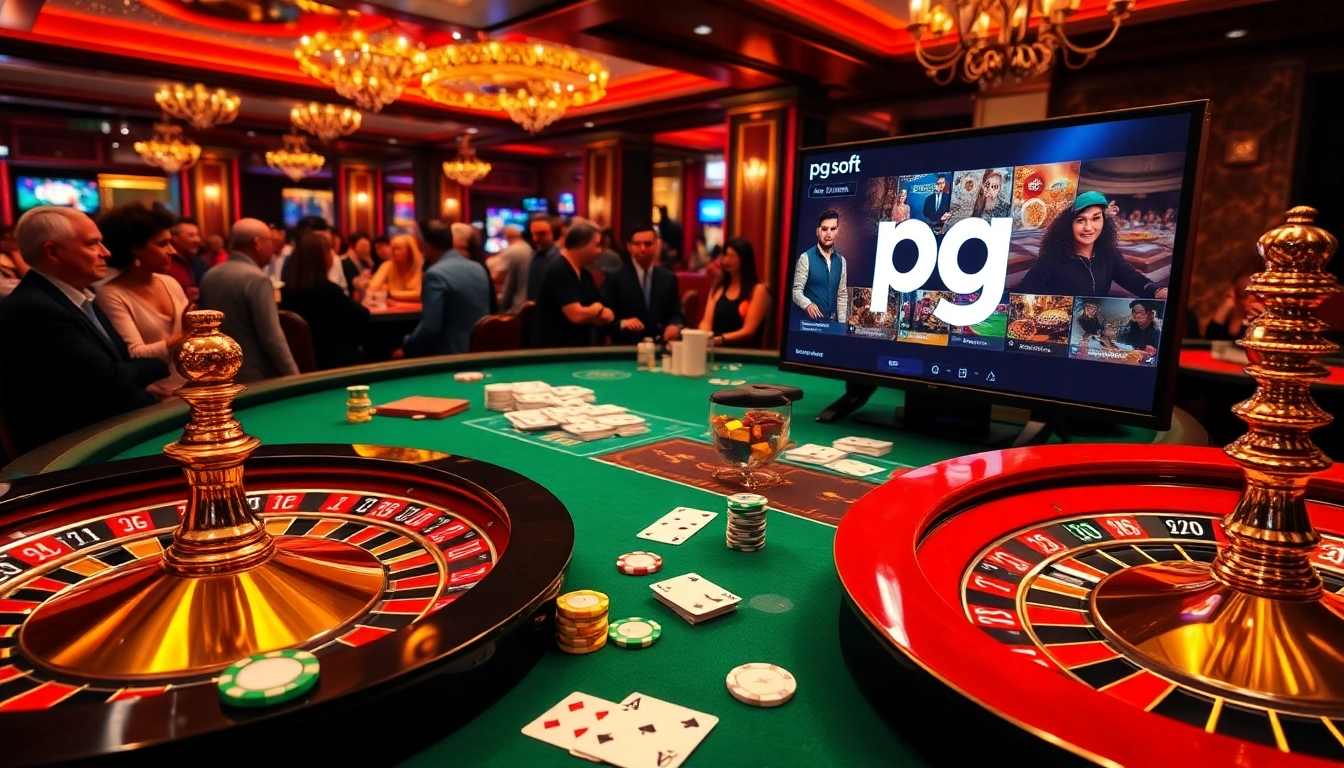 Engaging casino scene featuring pg soft logo with poker chips, roulette wheel, and game excitement.