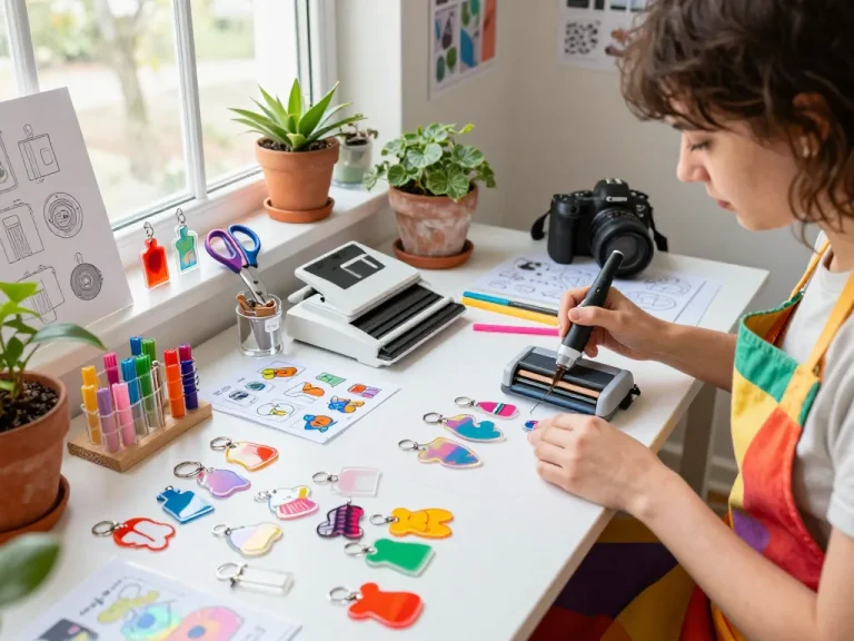 Custom acrylic charms showcased in an artist's vibrant workspace, emphasizing creativity and craftsmanship.
