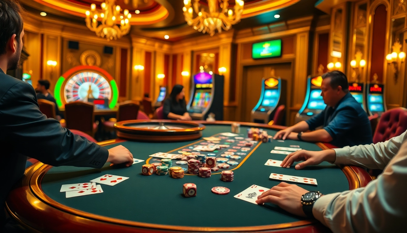Scène engageante de joueurs dans un casino en ligne fiable en France, mettant en vedette le poker, des jetons et des éléments de jeu vibrants.