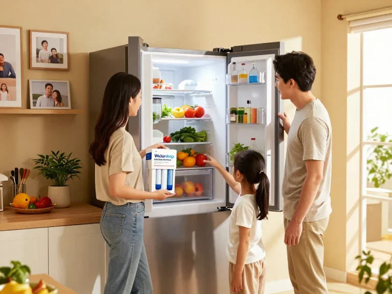 Family discussing the Waterdrop EDR1RXD1 Replacement for Everydrop® Filter 1 in a bright kitchen.