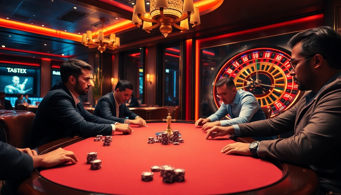 Une scène de poker palpitante illustrant un casino en ligne France fiable avec des joueurs engagés et une roulette vibrante.