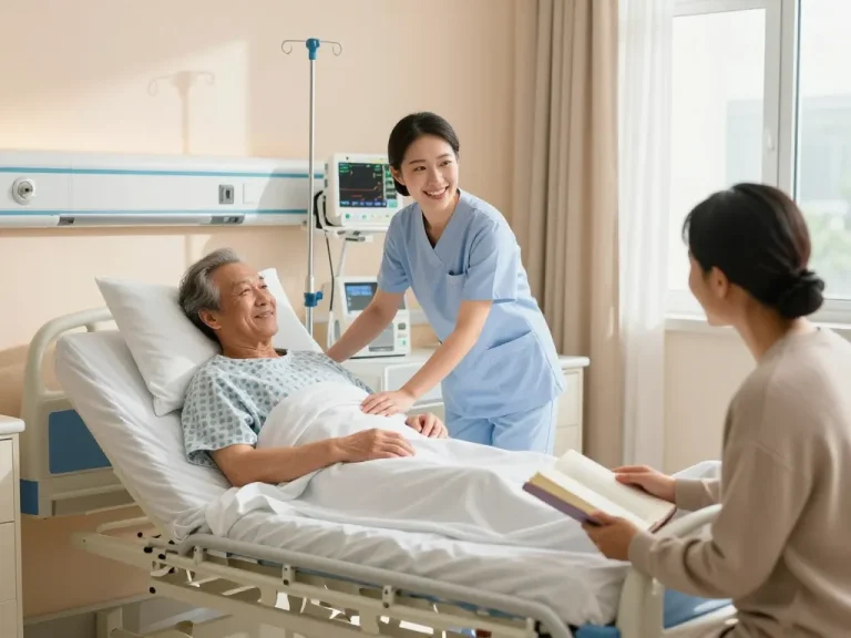 Modern patient bed (giường bệnh nhân) in a hospital room with nurse caring for an elderly patient.