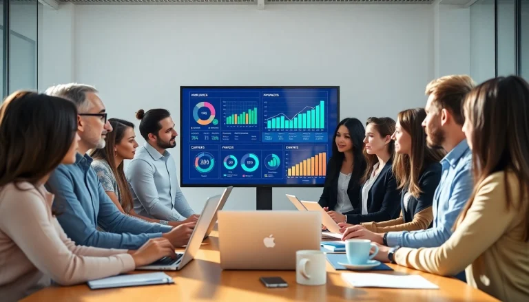 Analyze SEO performance metrics in a professional office with a team review.