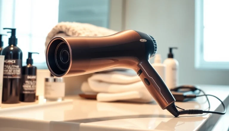 Ionic hair dryer elegantly showcased on a modern bathroom counter amidst beauty essentials.