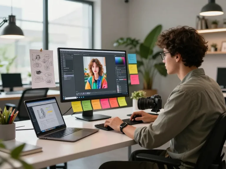 Designer generating AI image to prompt ai in a modern workspace with vibrant decor.