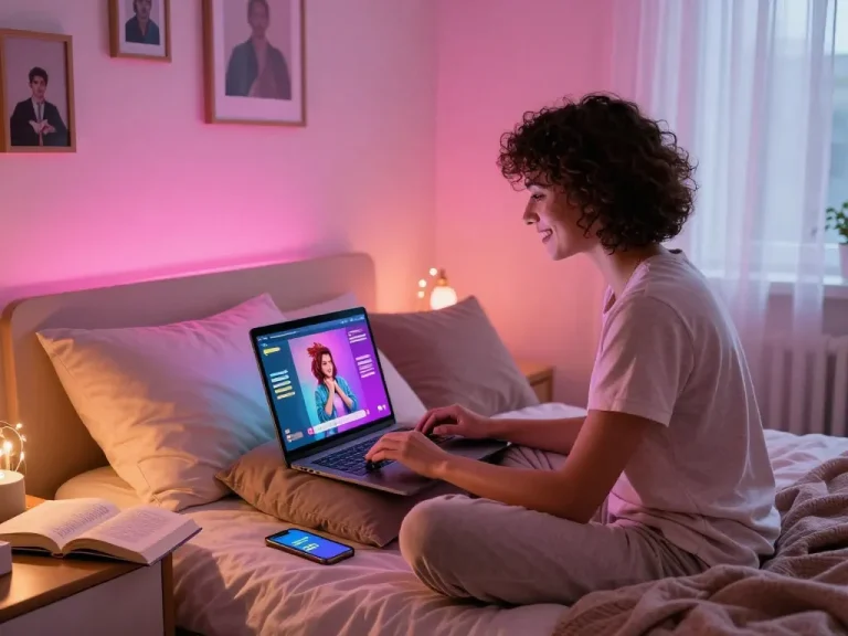Engaging AI chat porn interaction in a cozy bedroom setting with digital user.