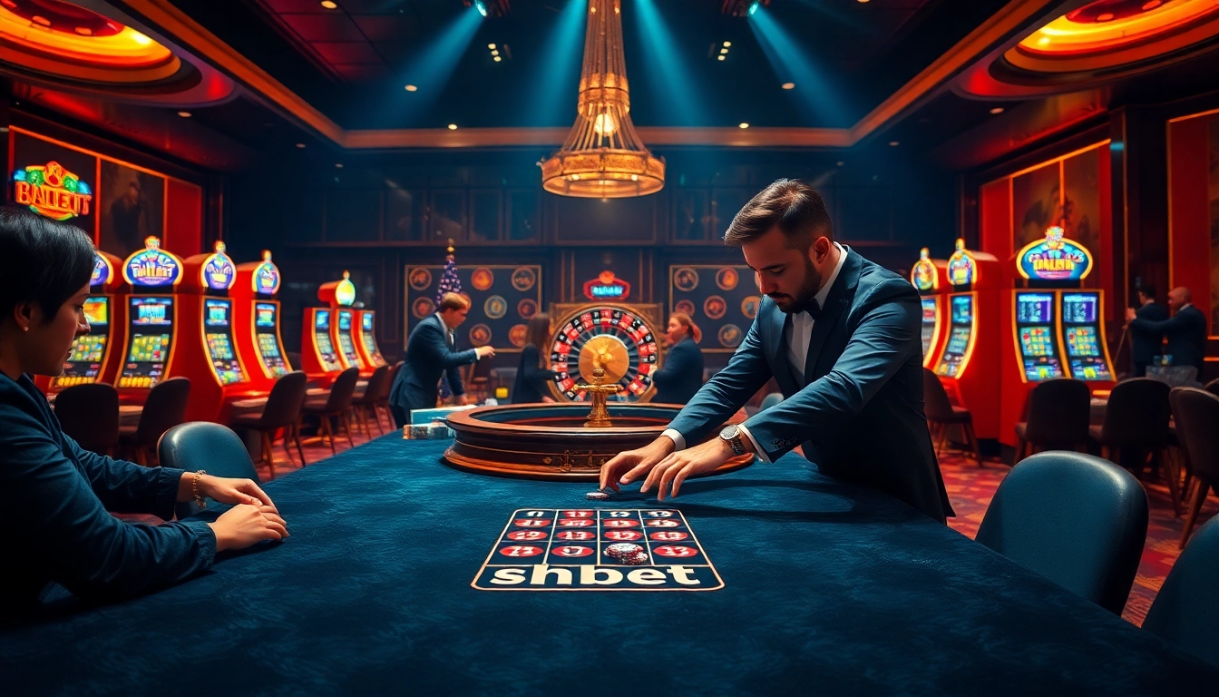 Players eagerly engage with Shbet's exciting casino games while a dealer presents poker chips.