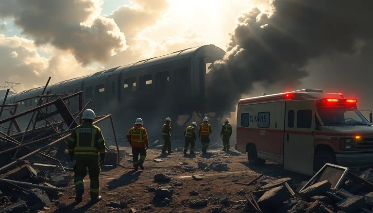 Emergency responders assess the scene of the spain train crash, showcasing wreckage and urgency.
