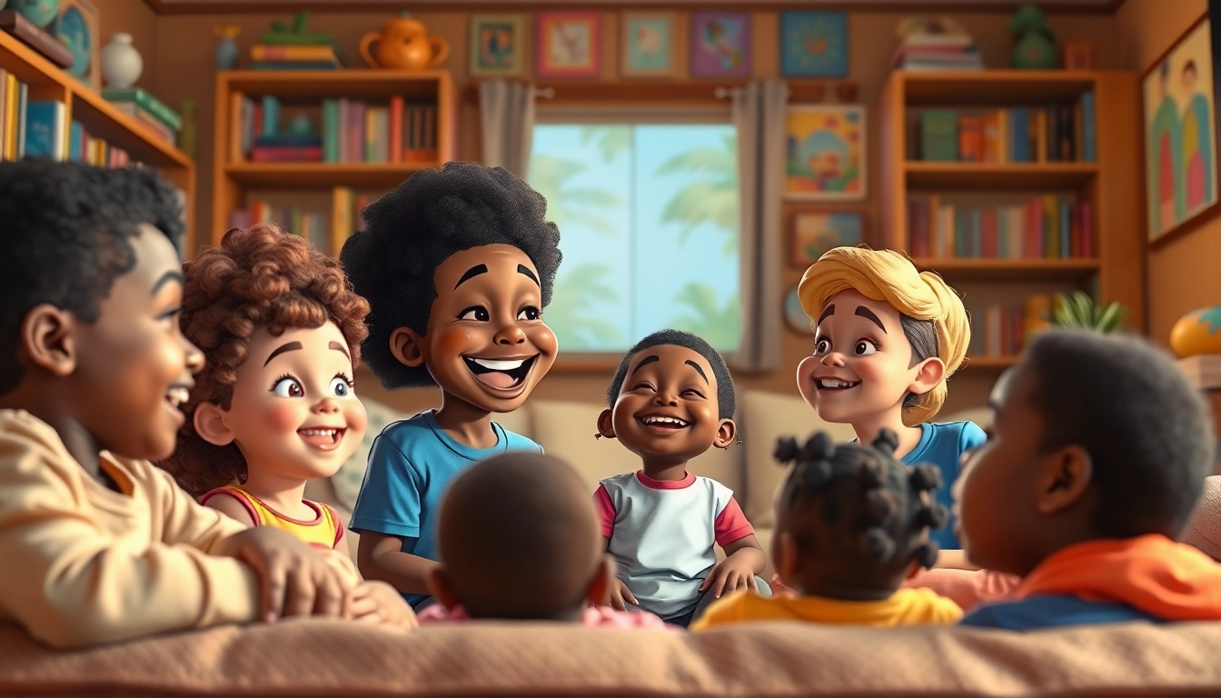 Children enjoying African American cartoons in a colorful living room.