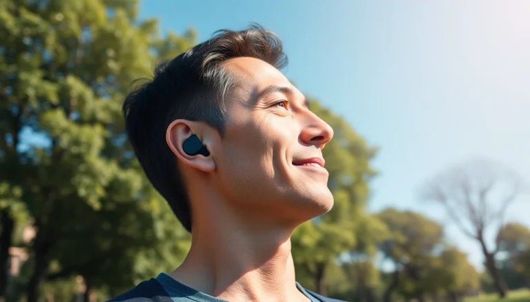 Person using Bone X2 Bone Conduction Headphones in a park, showcasing comfort and active lifestyle.