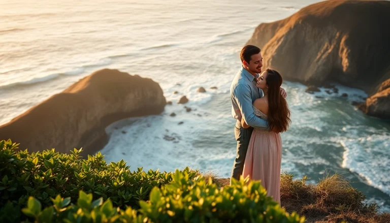 Capturing a romantic moment in Big Sur wedding photography, a couple embraces on a cliff with stunning coastal views.
