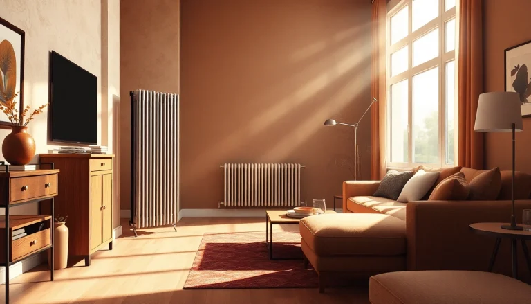 Elegante heizkörper in einem modernen Wohnraum mit warmen Licht und ansprechender Einrichtung.