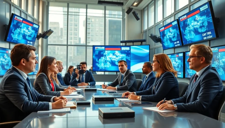 Journalists reporting the latest news from a dynamic newsroom environment.