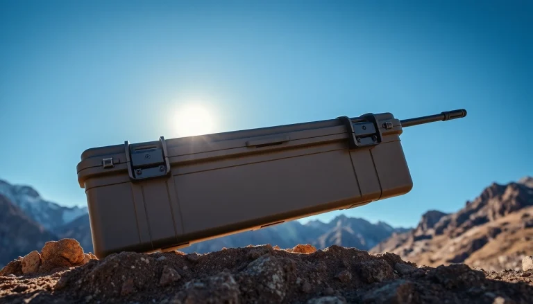 Showcase a pelican rifle case in a rugged outdoor setting, emphasizing durability and functionality.