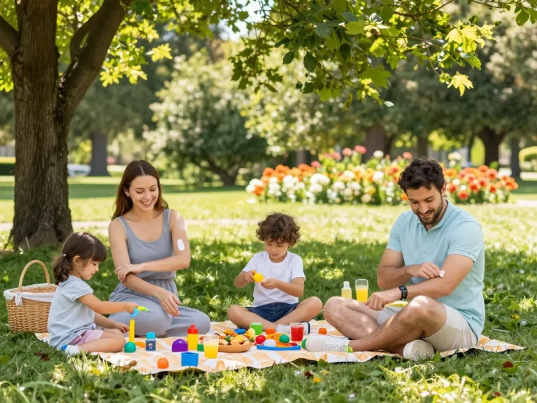 Family applying mosquito repellent while enjoying a sunny picnic in the park, promoting outdoor safety and comfort