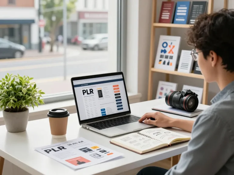 Buy Private Label Rights Products showcased in a vibrant e-commerce workspace filled with marketing materials and digital catalogs.