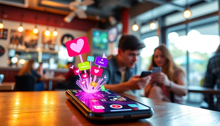 tiktok いいね 買うためのスマートフォンの画面とトレンディなカフェの景色
