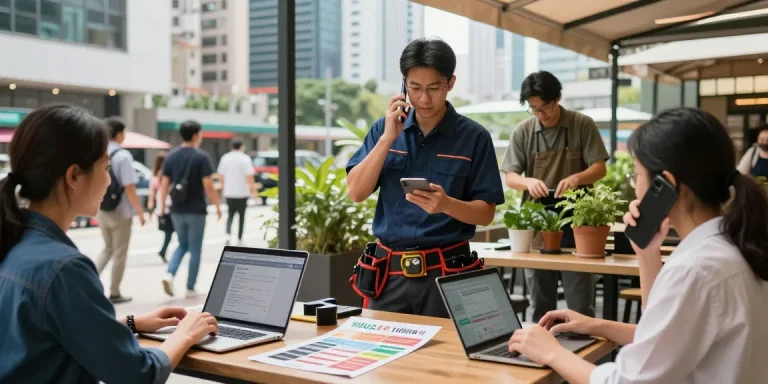 Professionals and clients engaging in a service marketplace scene for sifu24.com.hk in Hong Kong.