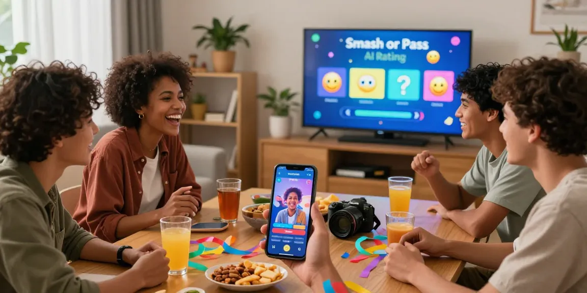 Friends enjoying Smash or Pass AI game with dynamic ratings on their phone, festive atmosphere