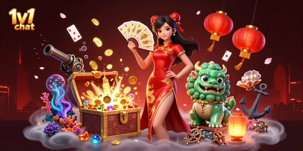 Engage in 1v1 chat with vibrant casino elements featuring an elegant woman, jade lion, and dynamic treasures.