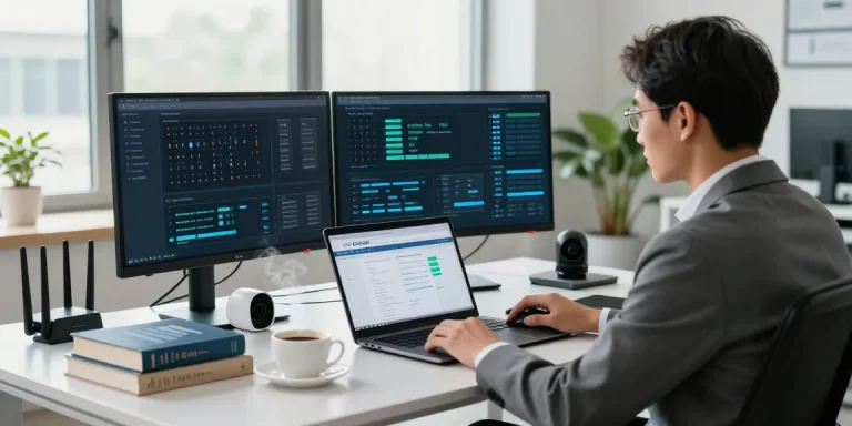 IT security expert analyzing data on https://shs-dome5.com/ in a modern workspace.