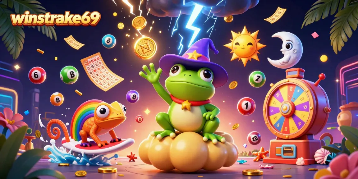 Winstrike69 gaming scene with 3D wizard frog and chameleon amid golden coins and lively lottery elements.