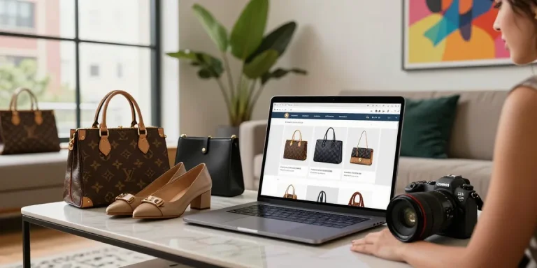 Engaging online shopping scene featuring 레플리카 fashion items in a stylish apartment setting.