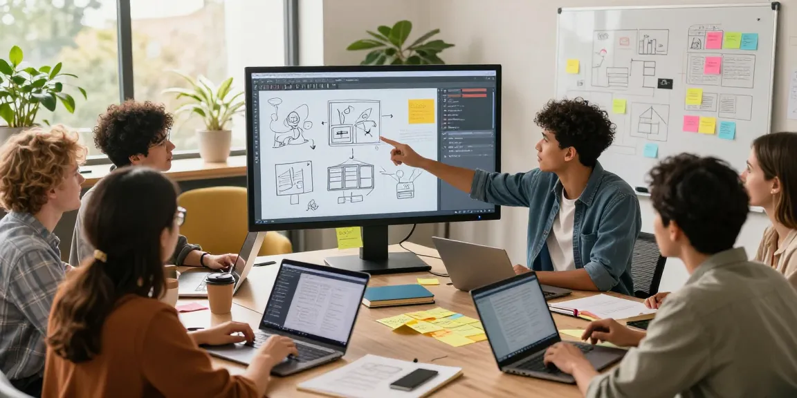 Diverse team collaborating on a digital mixboard to brainstorm creative ideas in a vibrant workspace.