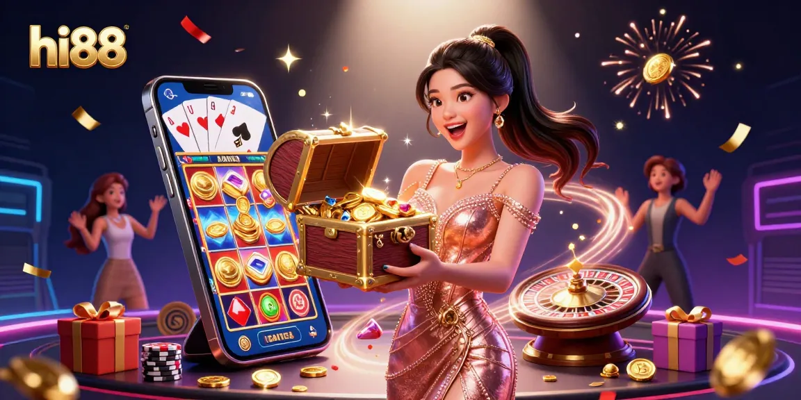Experience thrilling gameplay at hi88 with a stunning illustration showcasing a glamorous treasure chest overflowing with riches.