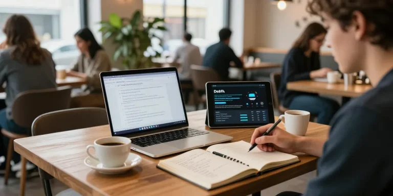 Crypto mining service in a coffee shop setting with blockchain documentation, laptop analysis, and educational materials.