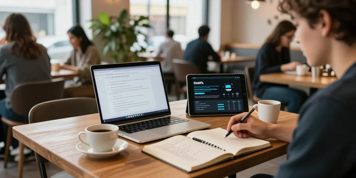 Crypto mining service in a coffee shop setting with blockchain documentation, laptop analysis, and educational materials.