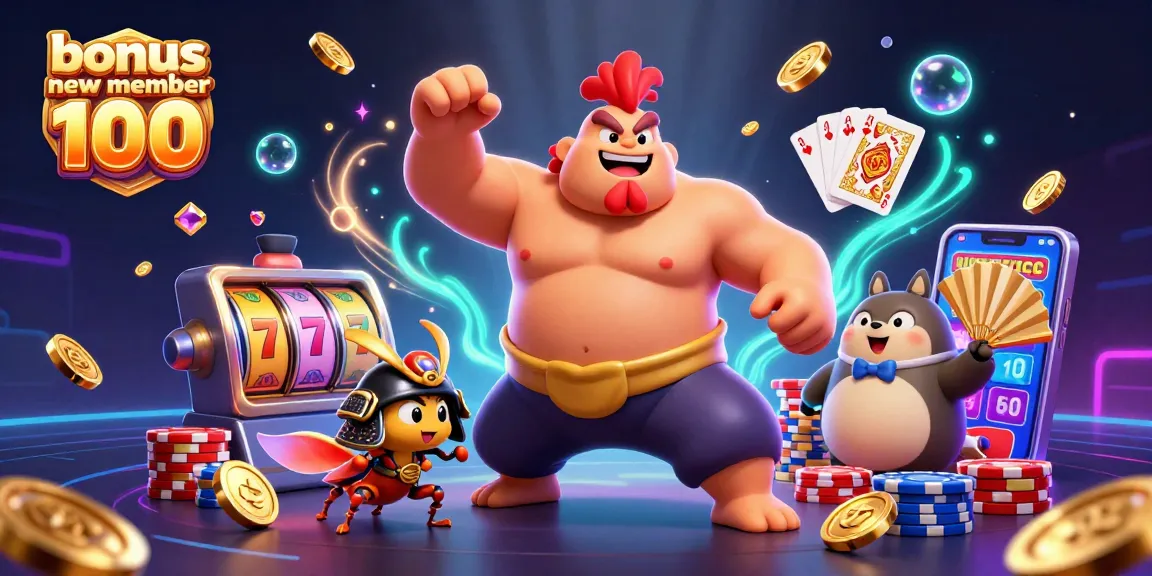 Experience the excitement of bonus new member 100 with a vibrant casino-themed illustration featuring dynamic characters and gaming elements.