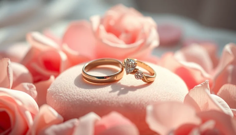 Couple rings displayed elegantly with unique designs and soft lighting.