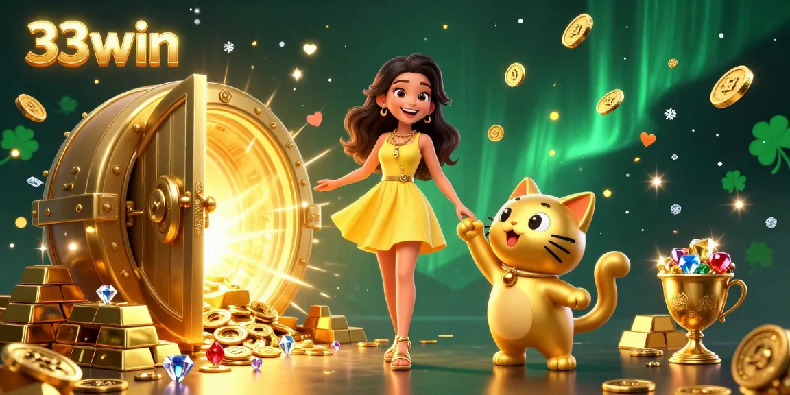 Experience winning moments at 33win with a cheerful Asian woman and a lucky cat amidst floating golden coins.