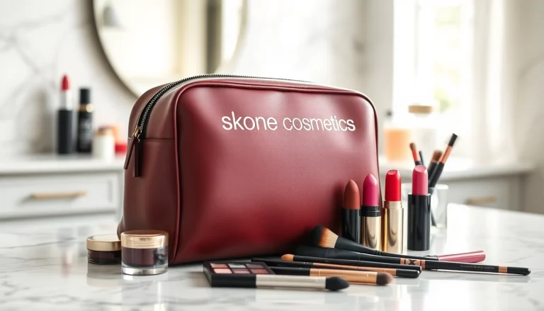 Showcasing the skone cosmetics signature makeup bag with vibrant makeup products on display.