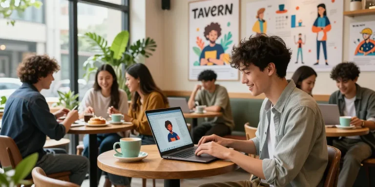 Tavern AI user engaging in character creation at a vibrant café, showcasing community interaction.