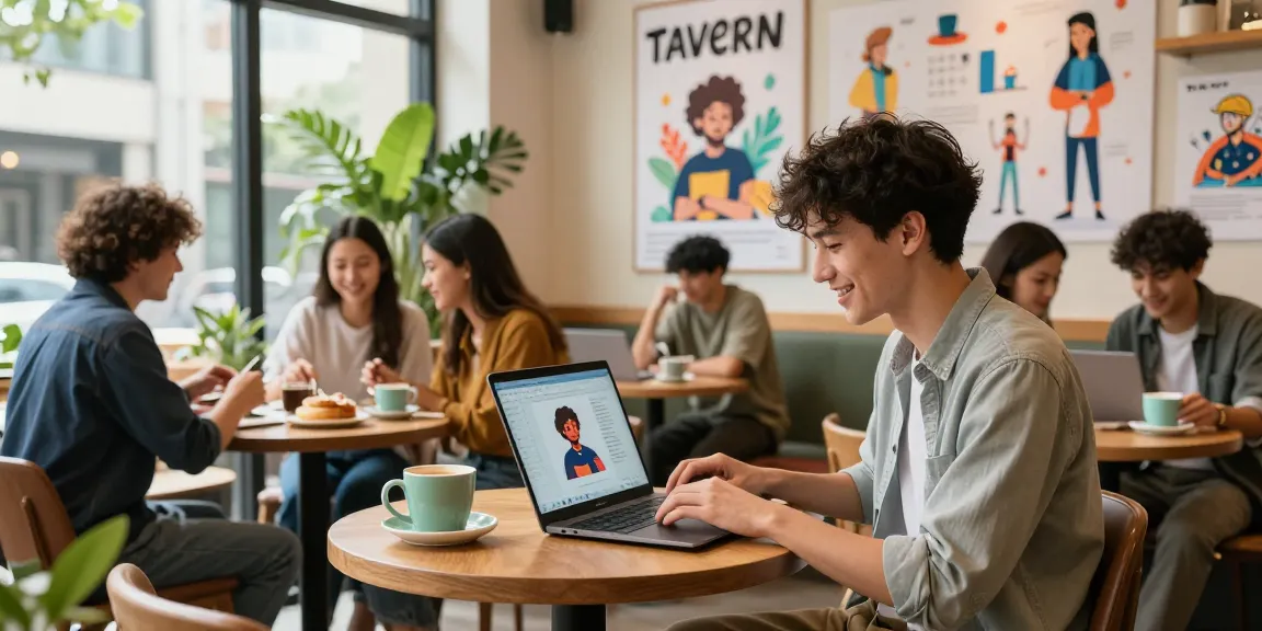 Tavern AI user engaging in character creation at a vibrant café, showcasing community interaction.