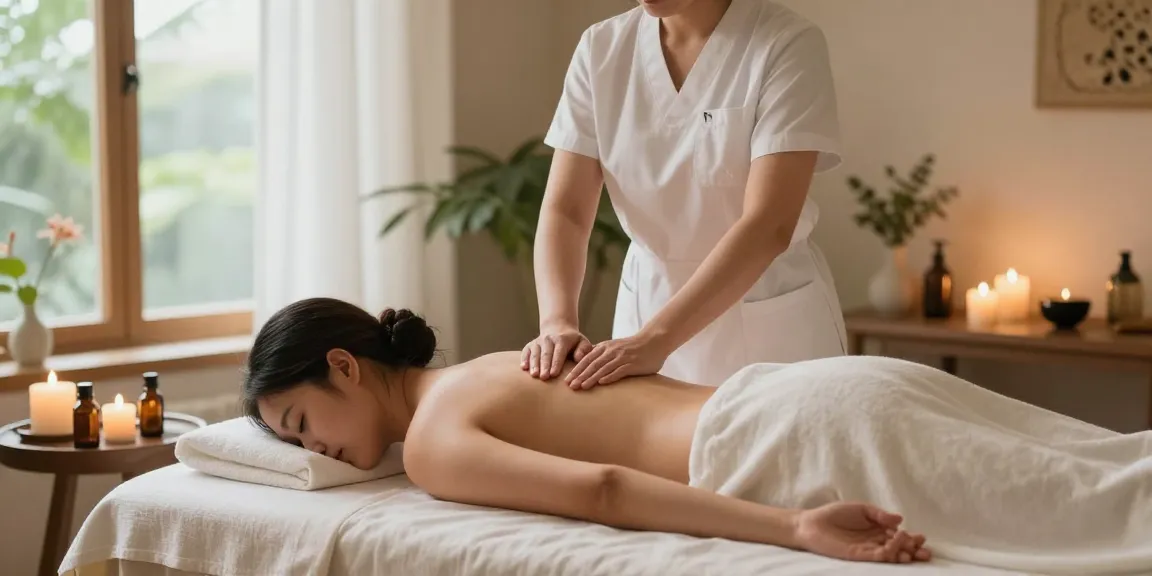 Therapist performing a soothing 마사지 in a serene spa environment with natural light and calming decor.