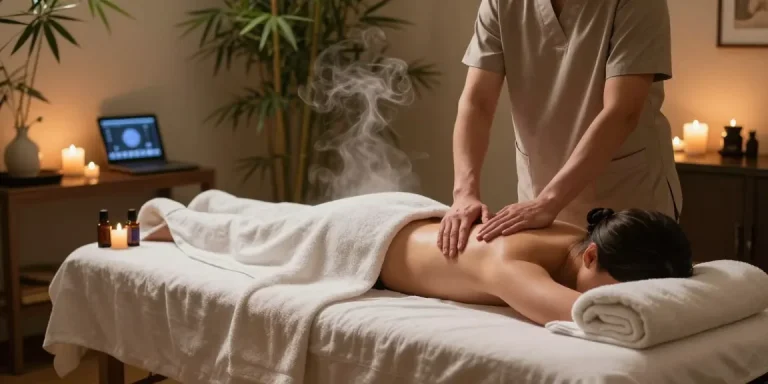 Experience the tranquility of 스웨디시 massage in a serene spa setting with essential oils and soft lighting.