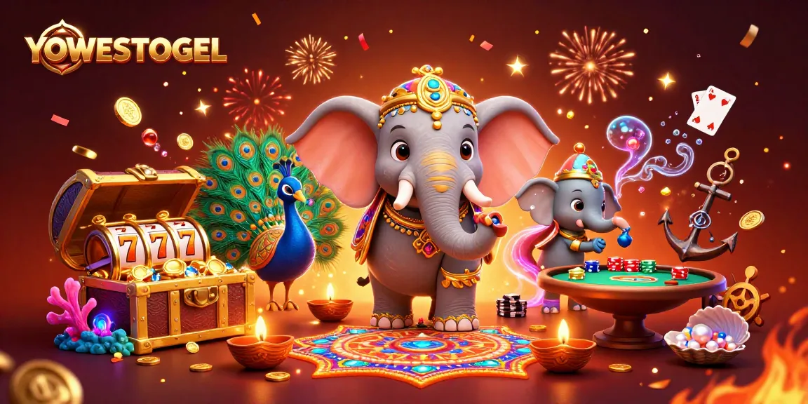Win big with YOWESTOGEL in a vibrant illustrated casino scene filled with dynamic game elements.