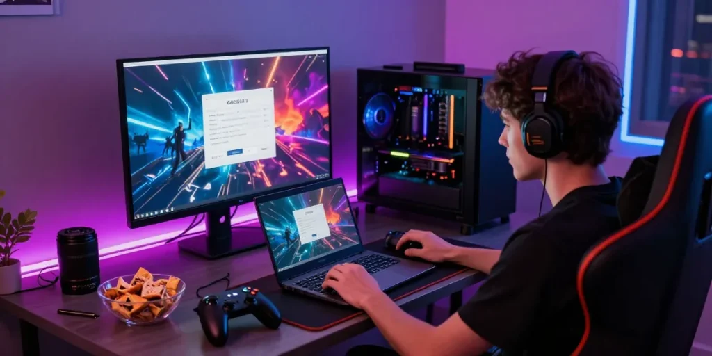 Engaged player using GARUDA303 login to access online gaming platform with vibrant setup.