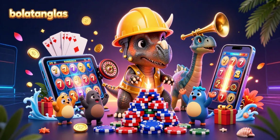 Players enjoying bolatangkas action as a triceratops builds poker chips amid colorful slots and coins.