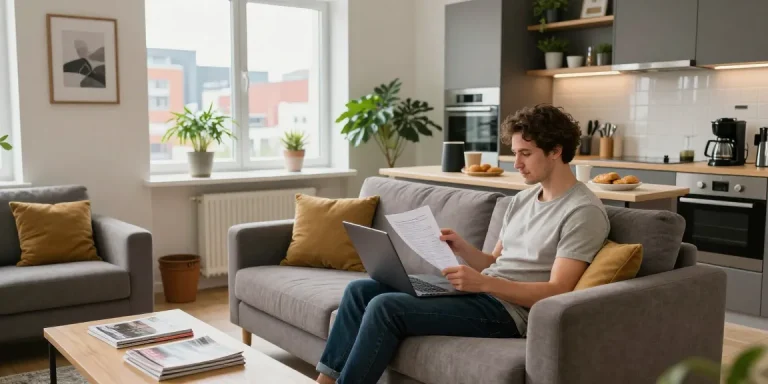 Monteurzimmer mieten Hannover: modernes, gemütliches Zimmer mit Wohnbereich, Küchenzeile und natürlichem Licht.