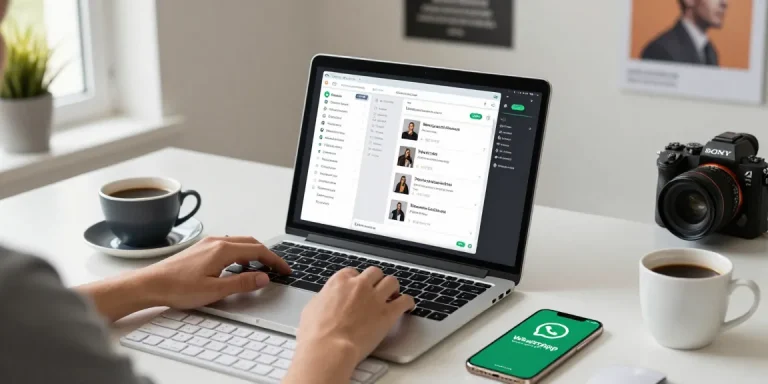 Using WhatsApp電腦版 on a modern workspace with laptop, coffee, and smartphone.