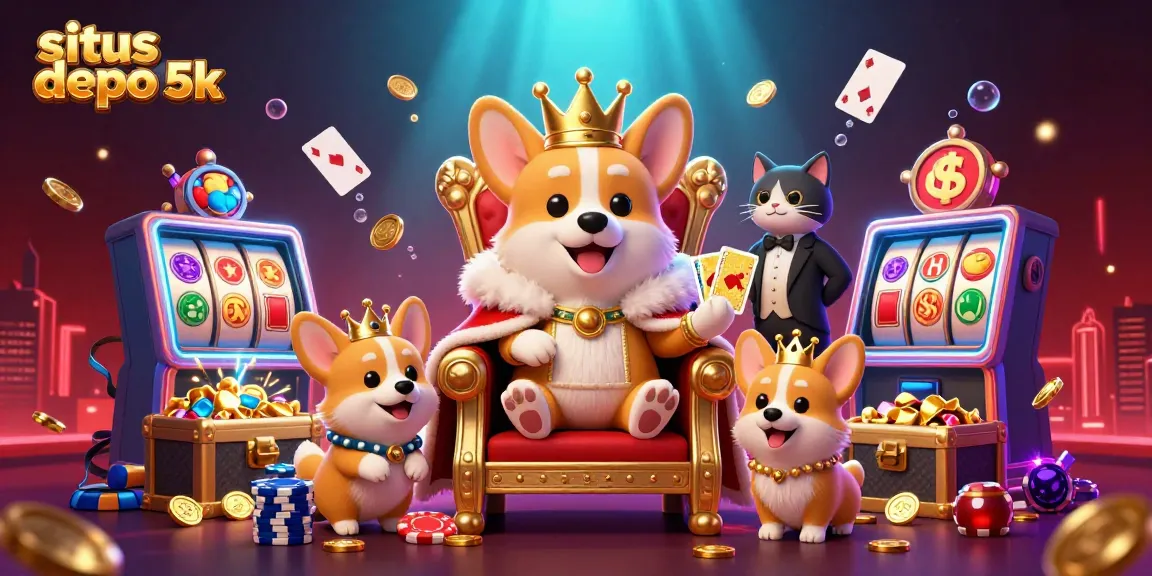 Experience excitement at situs depo 5k with vibrant casino-themed elements featuring a royal corgi.