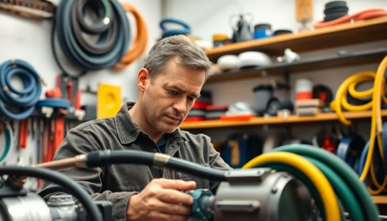 Technician engaged in hydraulic hose repair, showcasing expertise in a professional workshop.