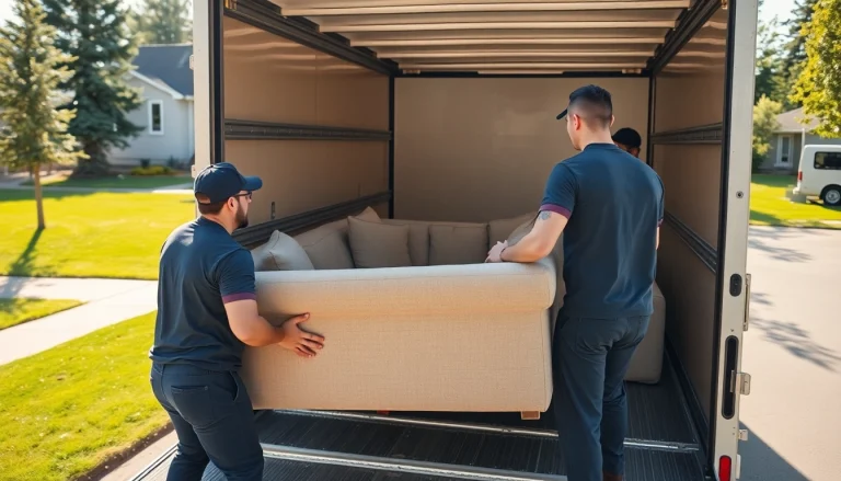 Professional movers edmonton efficiently packing a couch into a moving truck.