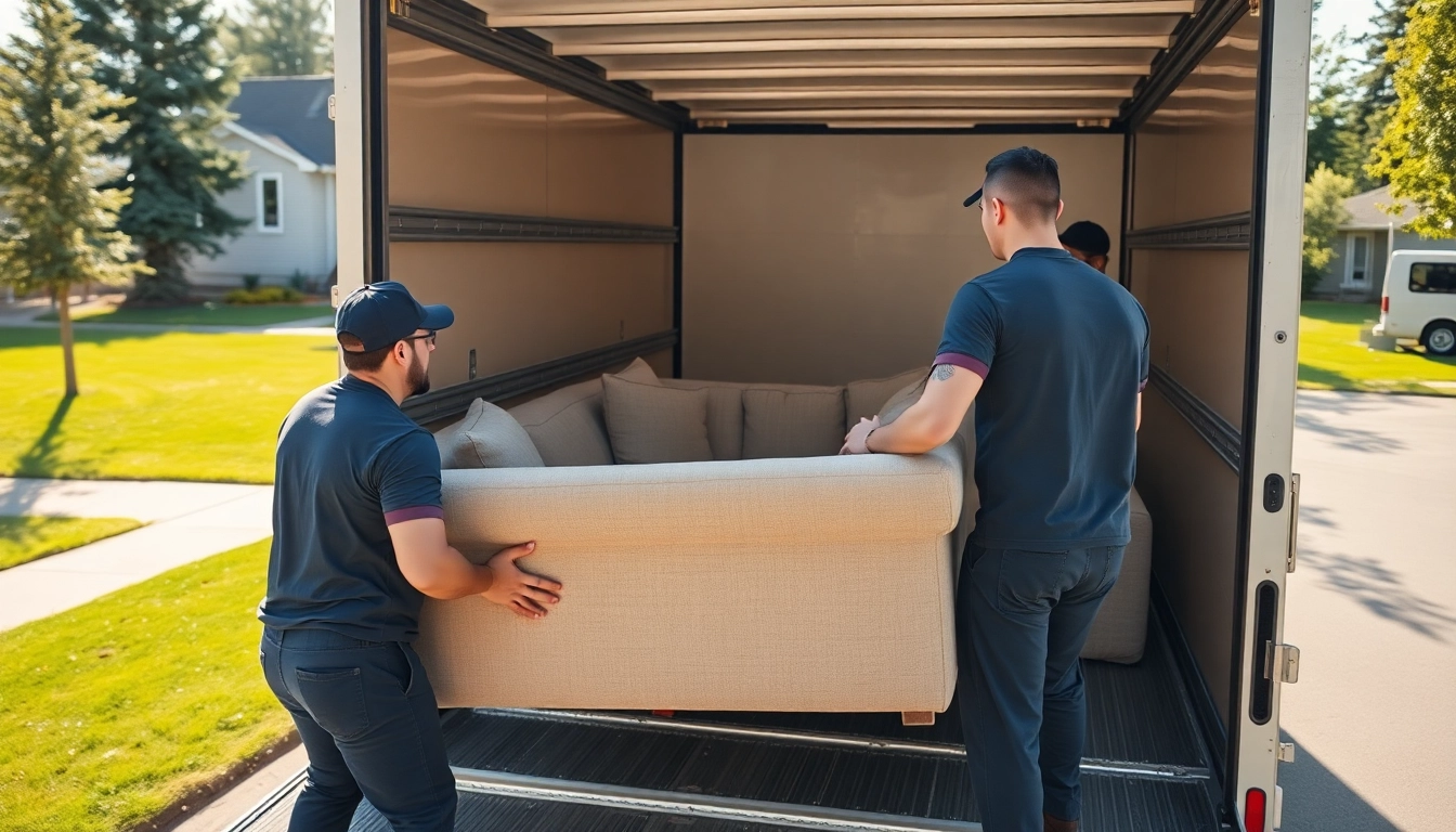 Professional movers edmonton efficiently packing a couch into a moving truck.